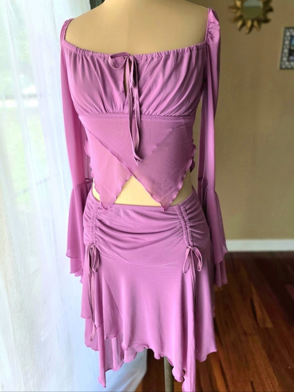 Current Mood NWT Pink Mesh 2 Piece Skirt Set Y2K Fairycore Bell Sleeve Small